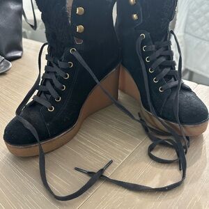 UGG Black and Brown Lace-Up Wedge Booties